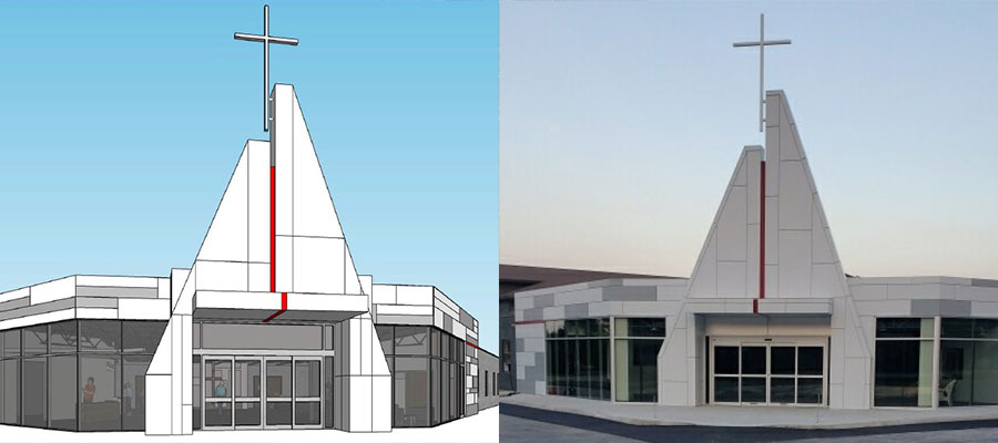 Image of our design build service. Two images of a church before and after completion.
